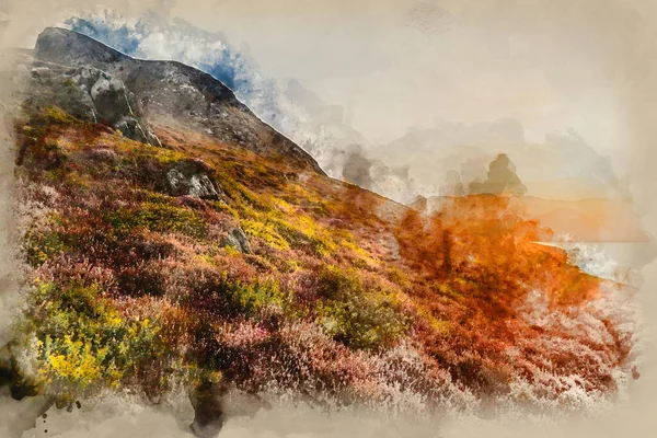 Digitale Aquarelverf Schilderij Van Zonsopgang Landschap Boven Cregennen Meren Snowdonia — Stockfoto