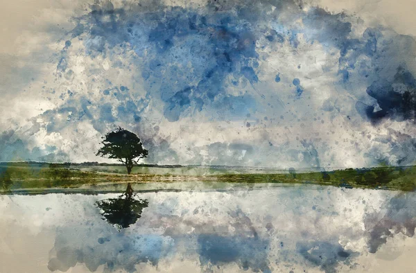 Huysuz Fırtınalı Gökyüzünün Dijital Suluboya Resmi Kırsal Bölgedeki Çiğ Gölü — Stok fotoğraf