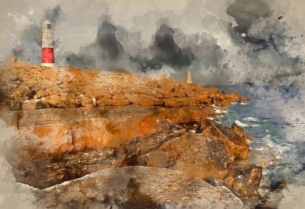 旧灯台のデジタル水彩画は 夏の美しい夕日の間に日光浴をしています — ストック写真