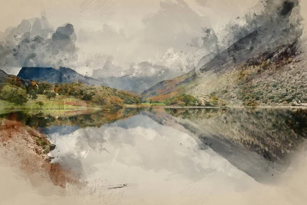 Aquarelle Numérique Superbe Automne Image Paysage Automne Crummock Water Lever — Photo