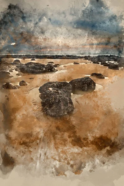 Gündoğumu Nun Dijital Suluboya Tablosu Kayalık Kumlu Plajda Canlı Gökyüzü — Stok fotoğraf