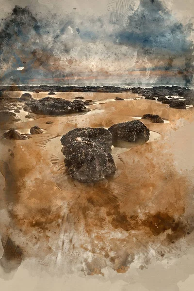 Aquarelle Numérique Paysage Sunrise Sur Une Plage Sable Rocheux Avec — Photo