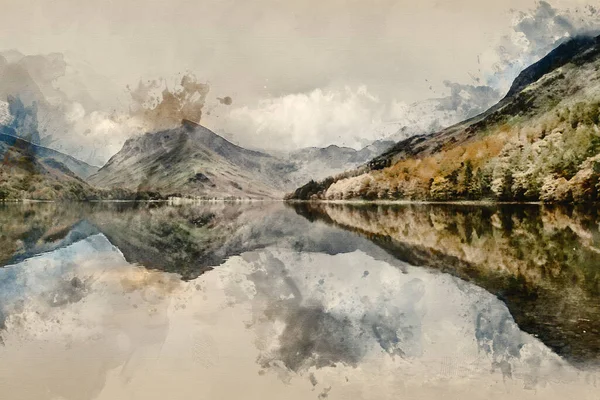 Digital Watercolor Painting Stunning Autumn Fall Landscape Image Lake Buttermere — 스톡 사진