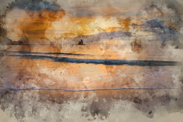 Pintura Aquarela Digital Deslumbrante Paisagem Nascer Sol Idílica Praia Broadhaven — Fotografia de Stock