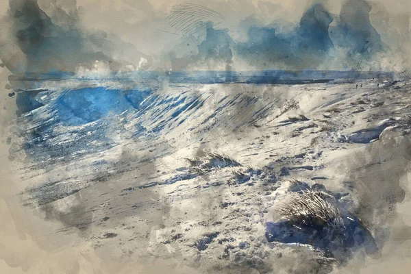 浅谈冬季蓝天山水画与积雪覆盖坡的关系 — 图库照片