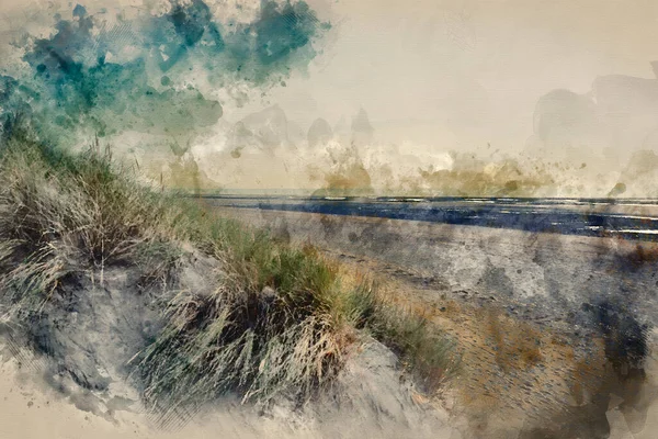 Pittura Digitale Acquerello Della Sera Paesaggio Estivo Dune Sabbia Erbose — Foto Stock