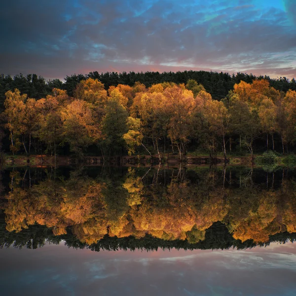 Hermosas vibrantes refleciones de bosque de otoño en aguas tranquilas del lago — Foto de Stock