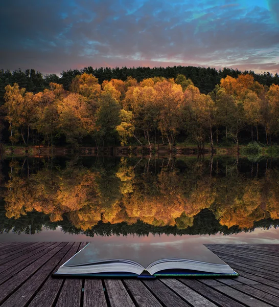 Book concept Beautiful vibrant Autumn woodland reflecions in cal — Stock Photo, Image