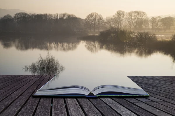 Boken begreppet landskap av sjön i dimma med solen sken på sunrise — Stockfoto