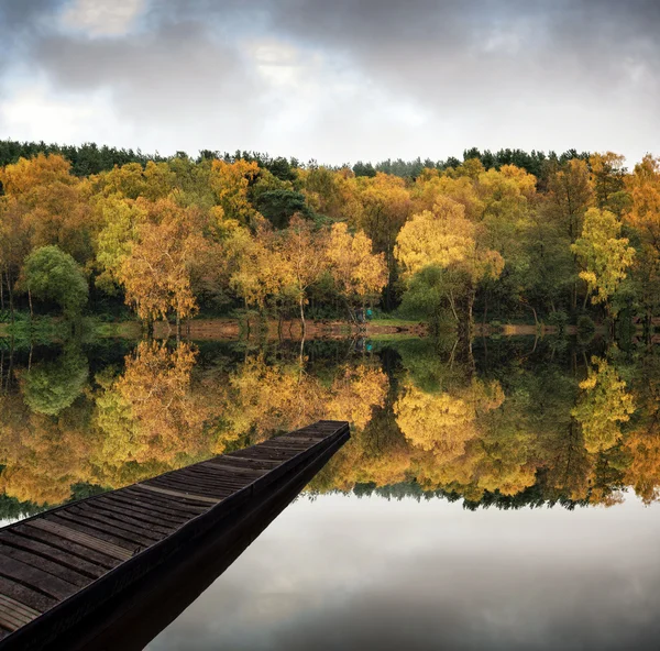 Belles réflexions vibrantes de forêt d'automne dans les eaux calmes du lac — Photo