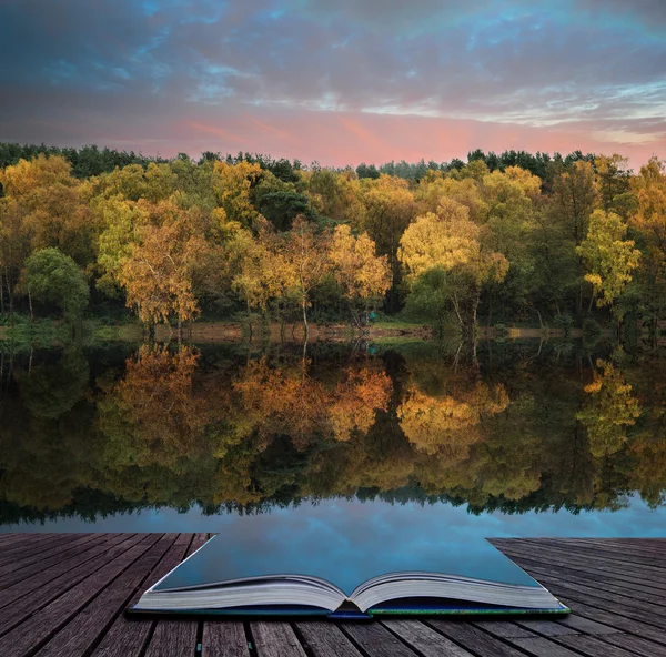 Book concept Beautiful vibrant Autumn woodland reflecions in cal — Stock Photo, Image