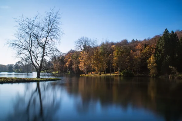 Prachtige landschap van herfst bomen en kleuren in meer weerspiegeld — Stockfoto