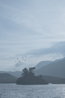 huzurlu puslu sabah peyzaj üzerinde hala Gölü ile dağ r