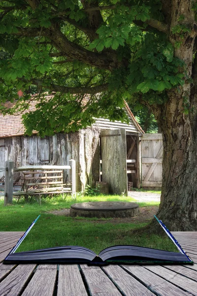 Antiguo cobertizo medieval de herrería en el paisaje forestal con — Foto de Stock