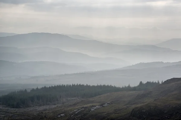 Vista del paesaggio dalla cima della montagna nella nebbiosa mattinata attraverso la folaga — Foto Stock