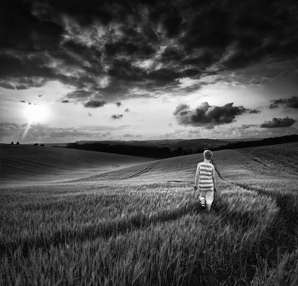 Konzept Landschaft kleiner Junge zu Fuß durch Feld bei Sonnenuntergang in s — Stockfoto