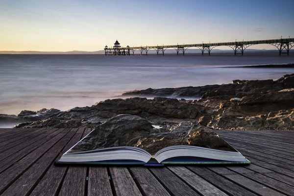 Long exposure landscape image of pier at sunset in Summer concep — Stock Photo, Image