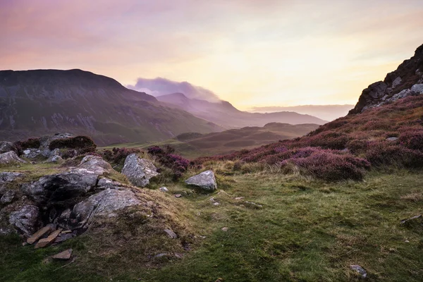 Prachtige zomer dageraad over bergketen met vijver en mooi — Stockfoto