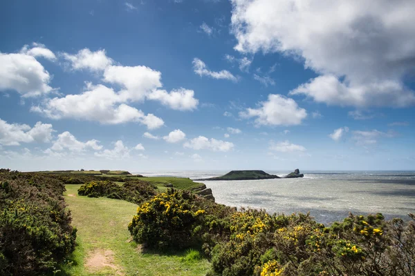 Paisagem de verão de Worm 's Head e Rhosilli Bay no País de Gales — Fotografia de Stock