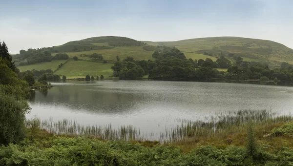 Panorama paesaggistico del lago con dolci colline sullo sfondo — Foto Stock