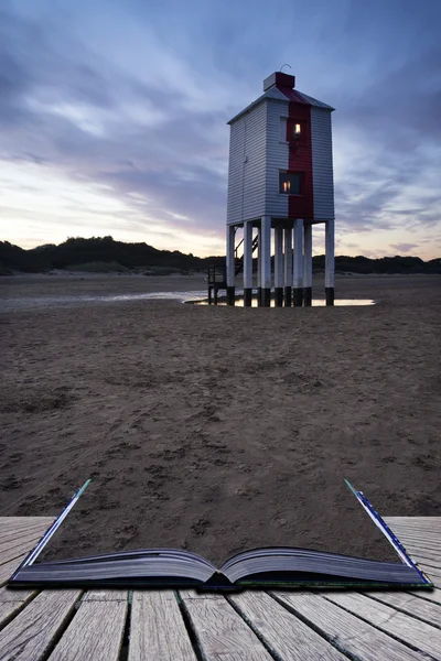 Beautiful landscape sunrise stilt lighthouse on beach conceptual — Stock Photo, Image