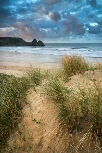 Mooie zomerse zonsopgang landschap over gele zandstrand — Stockfoto