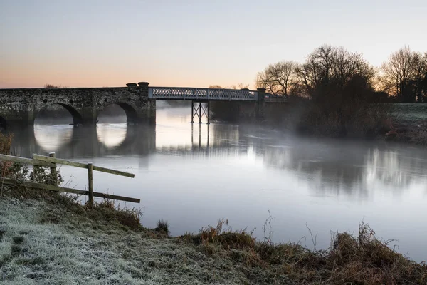 Landscape Winter surnise of river and frosty fields — Stock Photo, Image