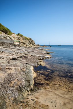 Ibiza eski Akdeniz balıkçı köyü manzara görüntüsü