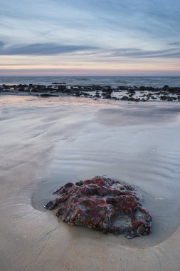 Sunrise şafak manzara canlı gökyüzü ile kayalık kum plajındaki ve