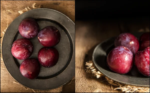 Compilation of images fresh plums in moody natural lighting set — Stock Photo, Image