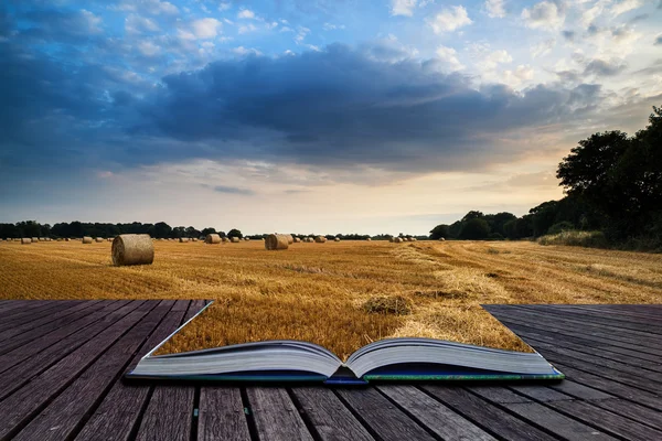 Paisaje rural imagen del atardecer de verano sobre campo de fardos de heno c — Foto de Stock