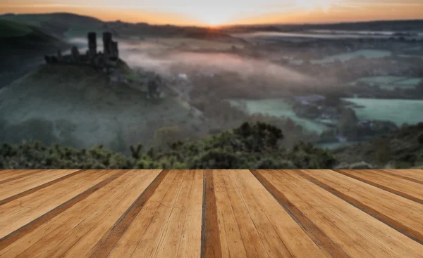 Middeleeuwse kasteelruïne met mistige landschap bij zonsopgang met woode — Stockfoto