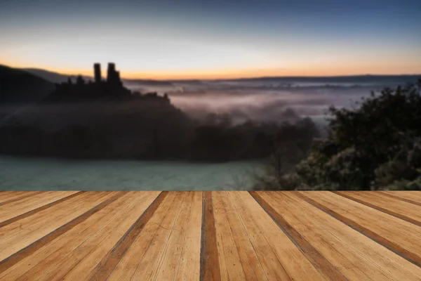 Mittelalterliche Burgruine mit nebliger Landschaft bei Sonnenaufgang mit Wald — Stockfoto