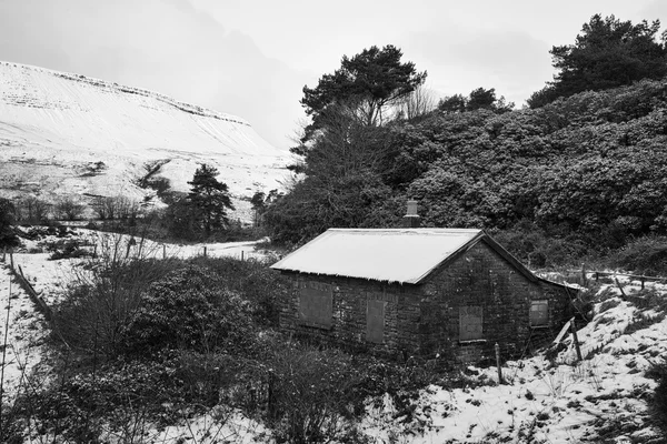 Övergivna hut i vinter wodland landskap i svart och vitt — Stockfoto
