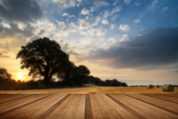 Rurale landschap foto van zomer zonsondergang over veld van de hooibalen w — Stockfoto