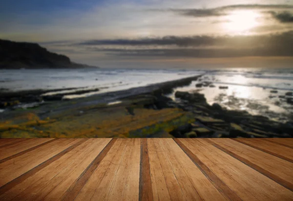 Prachtig zeegezicht landschap van rotsachtige kust bij zonsondergang met woode — Stockfoto