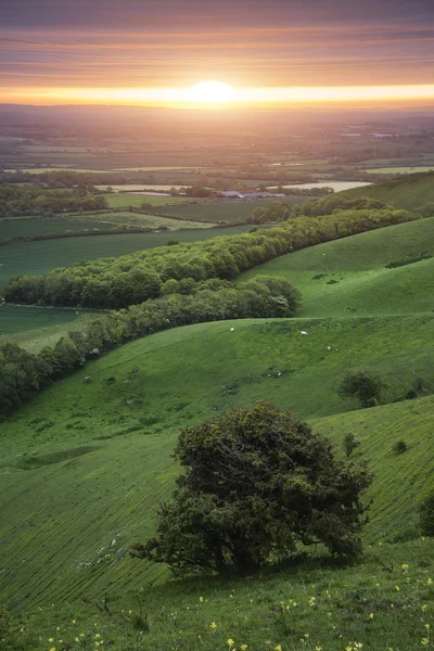 Morning over rolling English countryside landscape in Spring — Stock Photo, Image