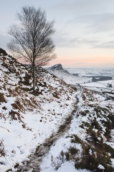 Beautiful Winter landscape at vibrant sunset over snow covered c — Stock Photo, Image