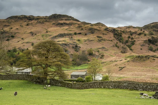 Paisaje del Distrito de los Lagos con cielo tormentoso sobre el campo anf fie — Foto de Stock