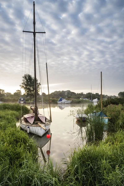 Boten afgemeerd op rivieroever bij zonsopgang in platteland landschap — Stockfoto