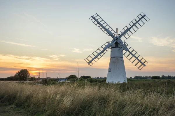 Stunning landscape of windmill and river at dawn on Summer morni — Stock Photo, Image