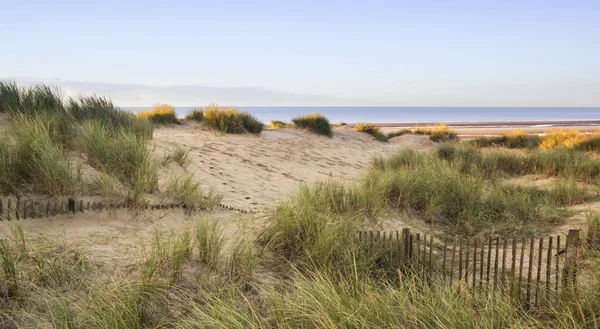 Bella alba sopra il sistema di dune di sabbia su sabbia gialla dorata b — Foto Stock