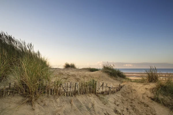 Belo nascer do sol sobre o sistema de dunas de areia na areia amarela dourada b — Fotografia de Stock