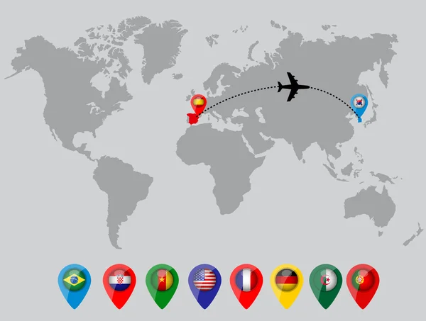 Mapa mundial con pines de bandera de país — Vector de stock