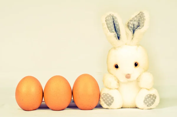 Easter bunny with three eggs — Stock Photo, Image