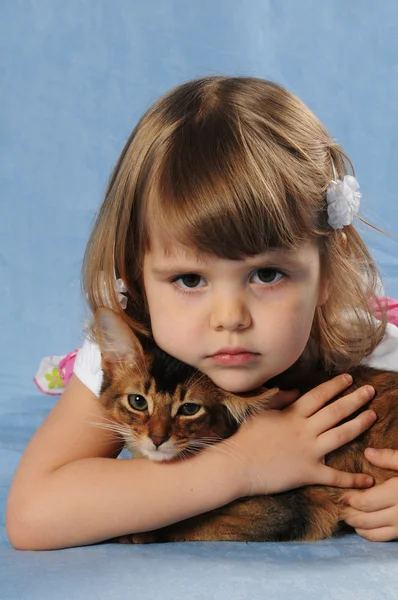 Little girl lying with somali kitten ruddy color — Stock Photo, Image