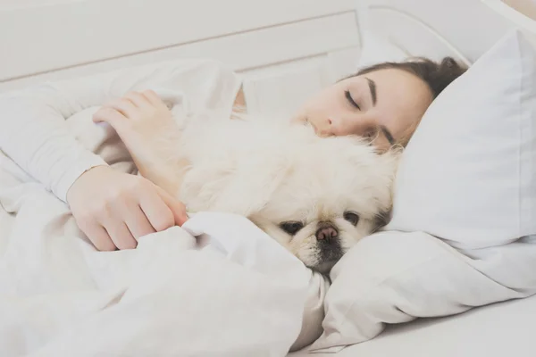 女の子とベッドで彼女の犬. — ストック写真