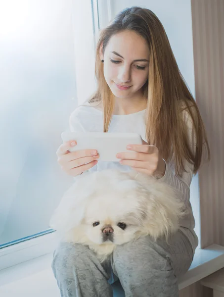 她坐在窗台上和使用 tablet pc 在家里的狗的漂亮女孩. — 图库照片