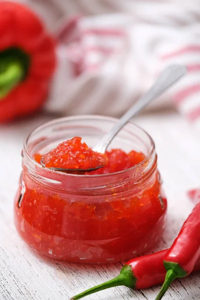 Hete Pepergelei Zoete Paprika Chili Pepersaus Confituur Jam Een Glazen — Stockfoto