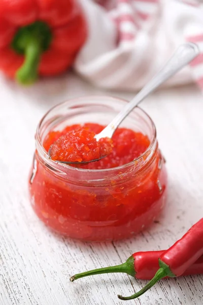 Hete Pepergelei Zoete Paprika Chili Pepersaus Confituur Jam Een Glazen — Stockfoto